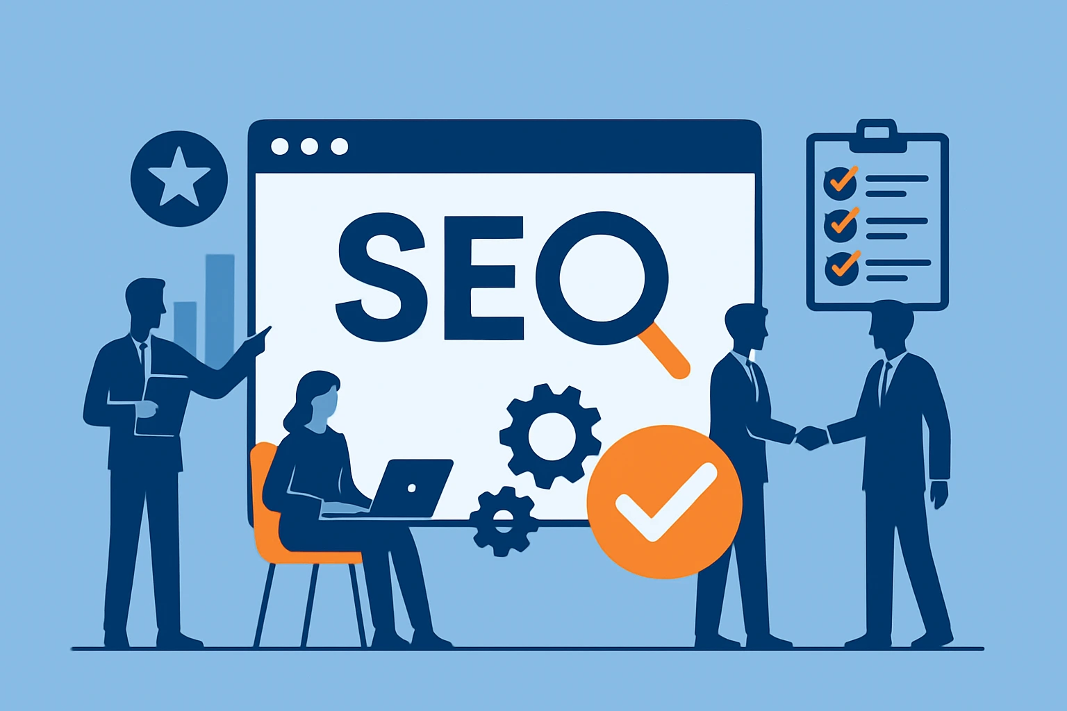 Illustration representing an SEO company in Tamil Nadu with business professionals analyzing digital marketing strategies, featuring SEO icons like a magnifying glass, checklist, gears, and laptop on a blue background.
